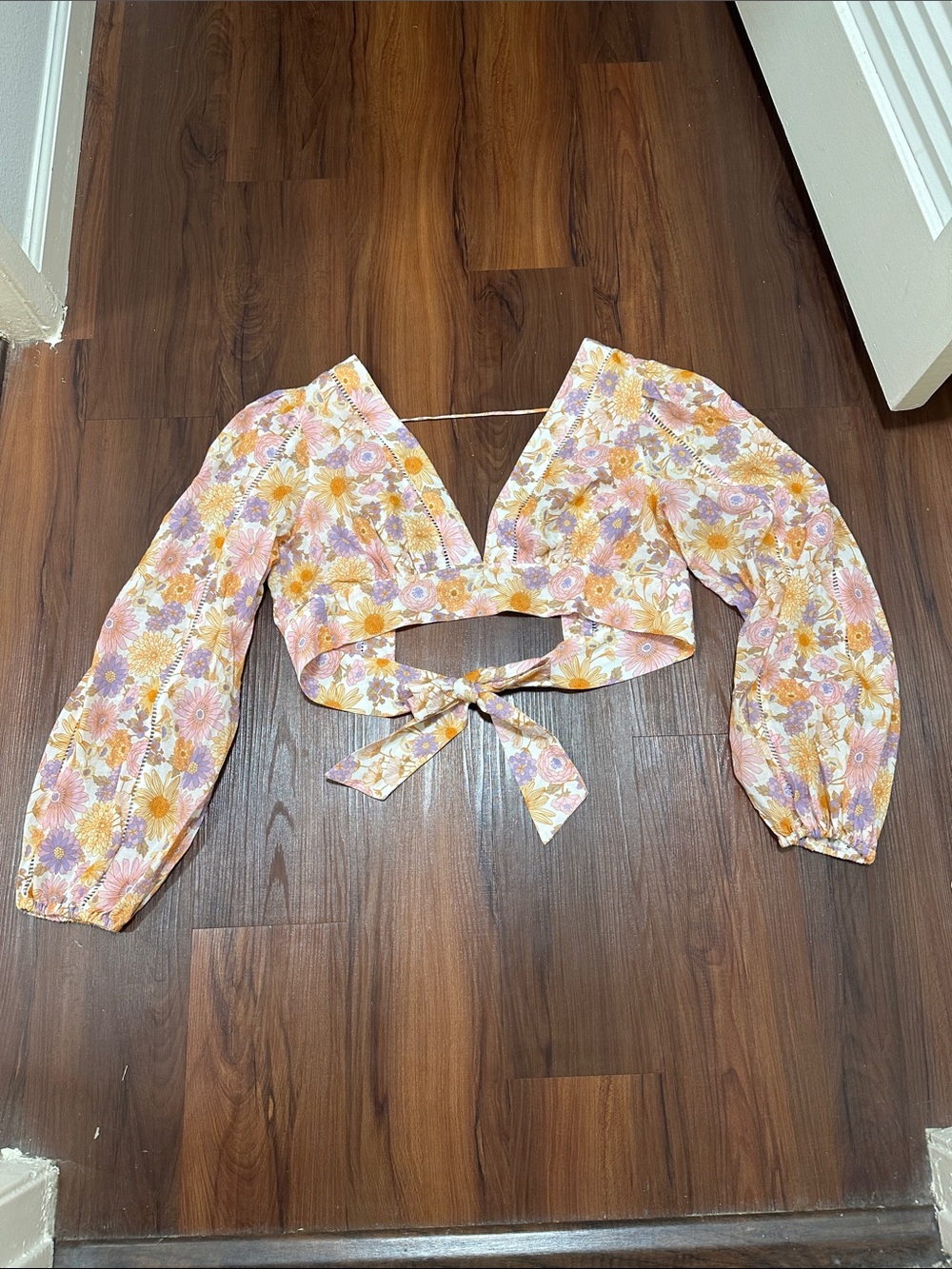 Tularosa Floral Tie-Front Crop Top - Pink & Yellow